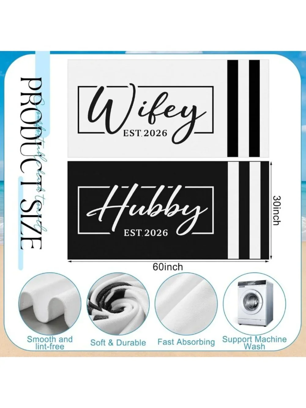 Set of 2 Wifey Hubby Beach Towels - Classic Mr & Mrs Design for Summer Fun